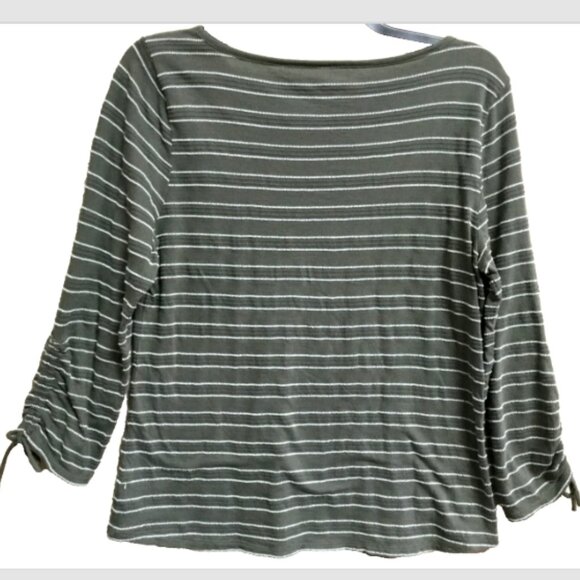 Talbots Women Size L Pullover Top Blouse Cotton Knit Olive Green White Striped - Picture 3 of 6